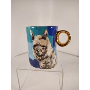 ANTHROPOLOGIE Lauren Carlson Walcott Blue Llama Coffee Mug Cup Gold Handle